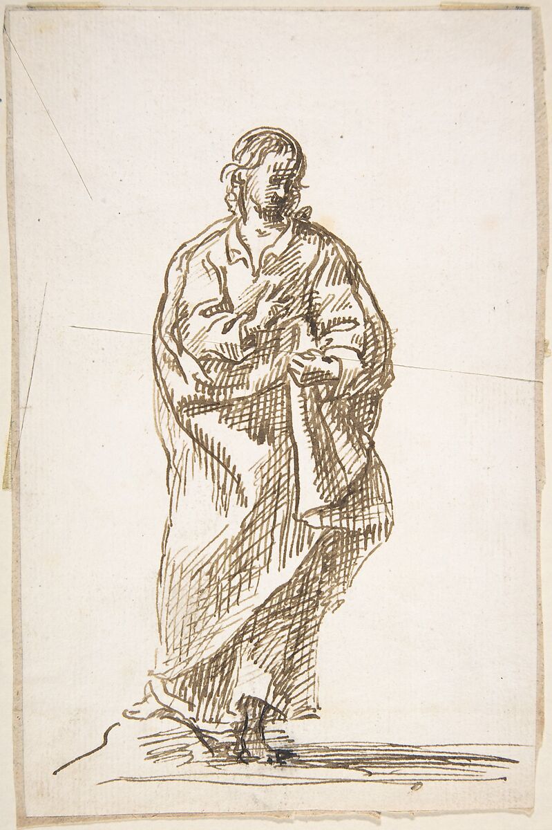 Standing Saint (Apostle?), Attributed to Pedro  Duque Cornejo (Spanish, 1677–1757), Pen and dark brown ink. Figure's left foot is reinforced with pen and black ink. On ivory paper 