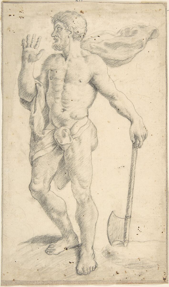 Standing Male Nude Figure, Anonymous, Spanish, School of Seville, 17th century, Black chalk. On light beige paper 