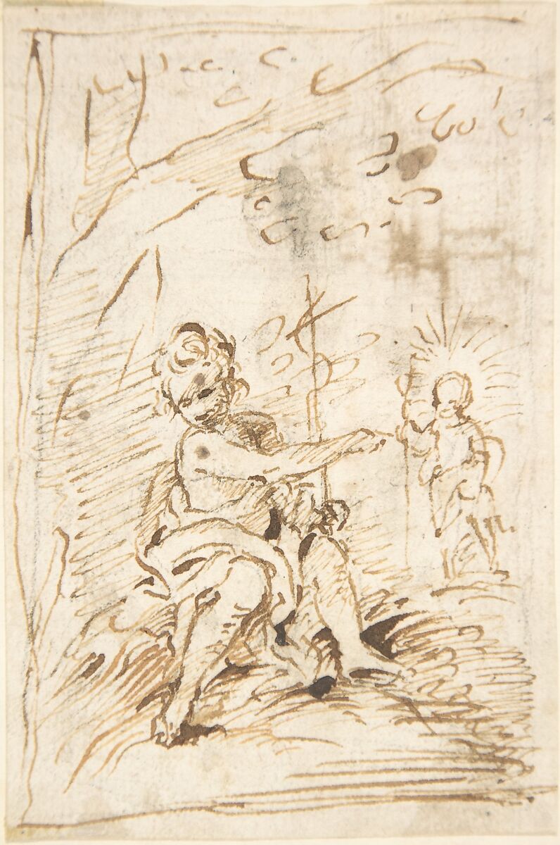 The Infant Saint John the Baptist with the Infant Christ in the Wilderness (recto); Fragment of Architectural Design with Engaged Corinthian Columns (verso), Attributed to Pedro  Duque Cornejo (Spanish, 1677–1757), Pen and light brown ink, selectively reinforced with dark brown ink, over black chalk underdrawing. Border lines in the same brown ink (recto). Fragment of architectural design with engaged Corinthian columns. Pen and light brown ink over ruling in black chalk (verso). On off-white paper 