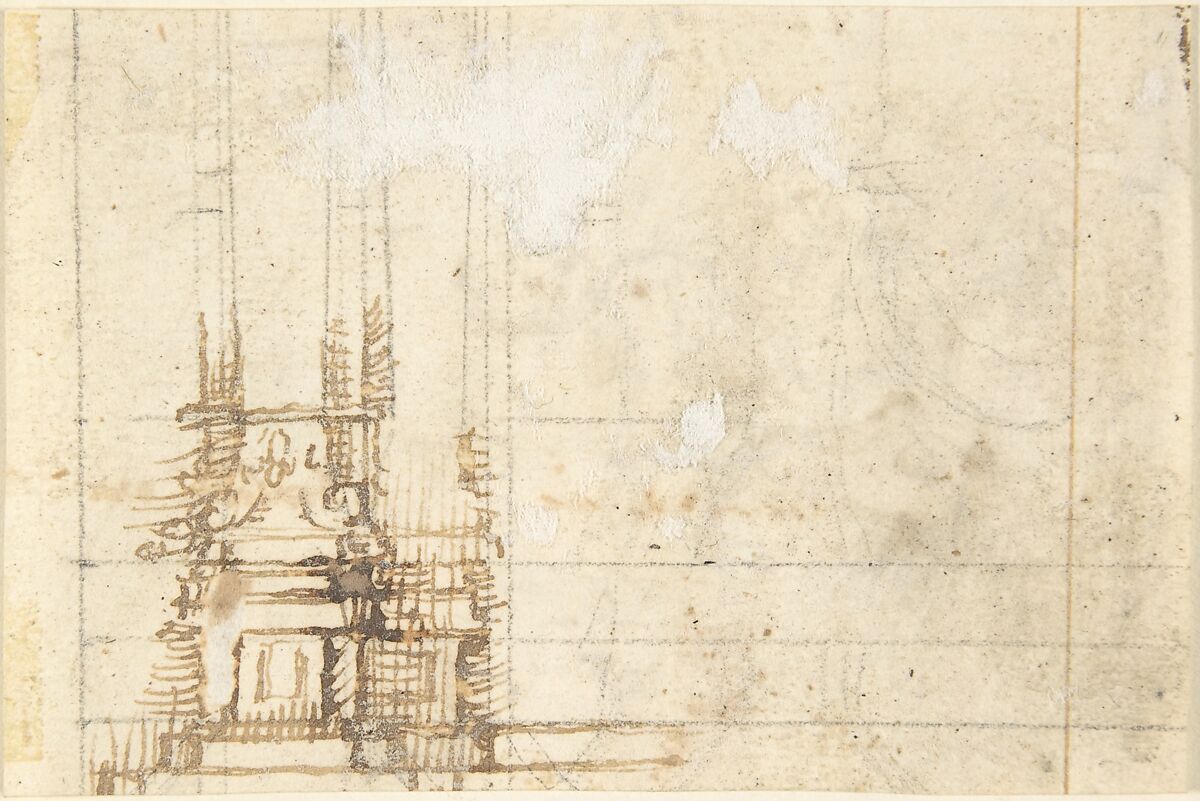 The Infant Saint John the Baptist with the Infant Christ in the Wilderness (recto); Fragment of Architectural Design with Engaged Corinthian Columns (verso), Attributed to Pedro  Duque Cornejo (Spanish, 1677–1757), Pen and light brown ink, selectively reinforced with dark brown ink, over black chalk underdrawing. Border lines in the same brown ink (recto). Fragment of architectural design with engaged Corinthian columns. Pen and light brown ink over ruling in black chalk (verso). On off-white paper