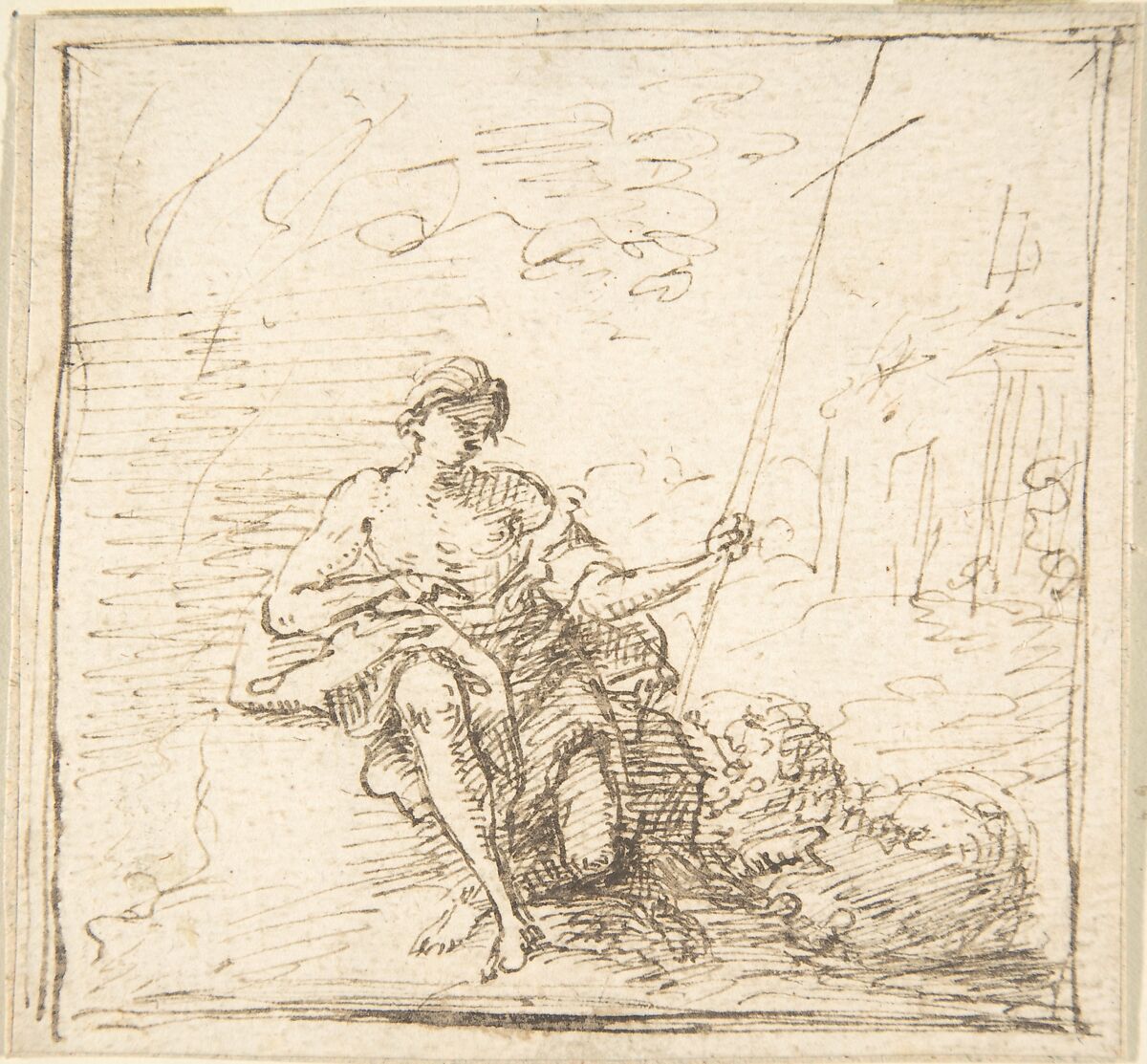 John the Baptist with a Lamb in the Wilderness, Attributed to Pedro  Duque Cornejo (Spanish, 1677–1757), Pen and dark brown ink. On off-white paper 