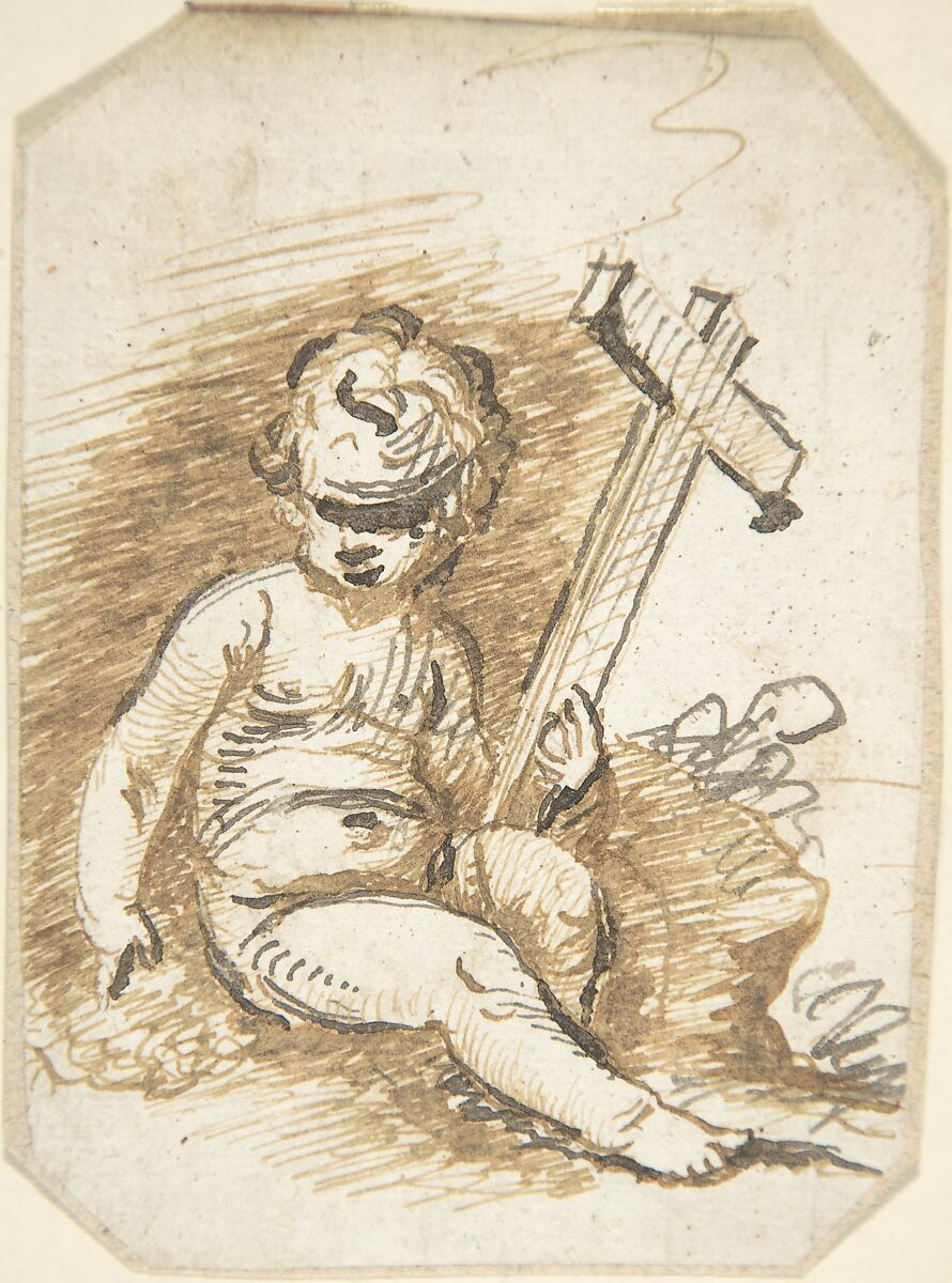 Infant Christ with the Cross, Anonymous, Spanish, School of Seville, 17th century, Pen and light brown ink reinforced with pen and dark brown ink. On off-white paper 