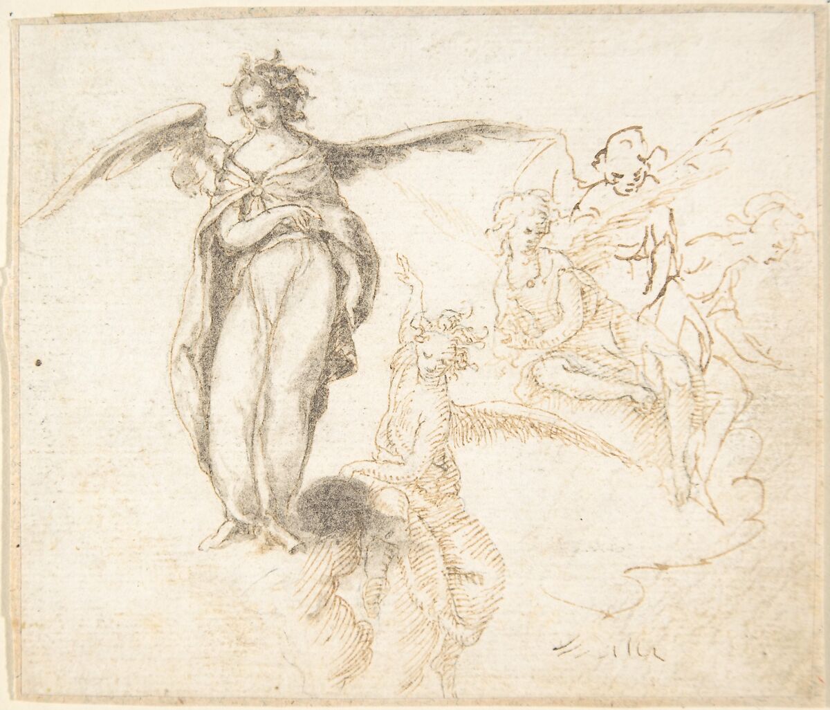 Studies for Five Figures of Angels Standing, and Seated on Clouds, Anonymous, Spanish, School of Seville, 17th century, Pen and light brown ink over black chalk. On off-white paper 