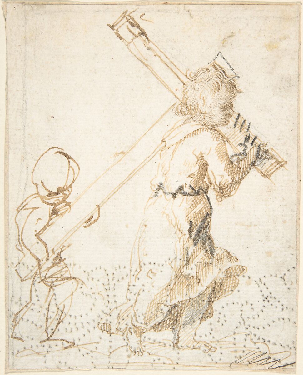 Christ Child and Secondary Child Figure Bearing the Cross (recto); Fragment of Design for Ornamental Border (verso), Anonymous, Spanish, School of Seville, 17th century, Pen and light brown ink reinforced with black chalk (recto). Border line drawn in  black chalk along top and left side of sheet. On off-white paper. Composition (unknown) pricked for transfer (verso) 