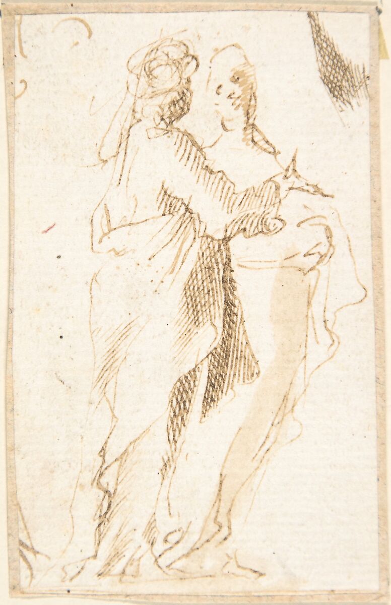 Two Standing Figures, Anonymous, Spanish, School of Seville, 17th century, Pen and light brown ink with brush and light brown wash. On ivory paper 