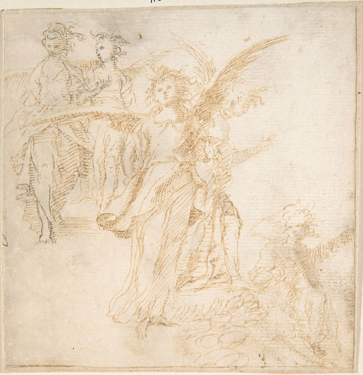 Studies for Figures of Five Angels, Anonymous, Spanish, School of Seville, 17th century, Pen and light brown ink over black chalk underdrawing. Traces of brush and gray wash. On off-white paper 