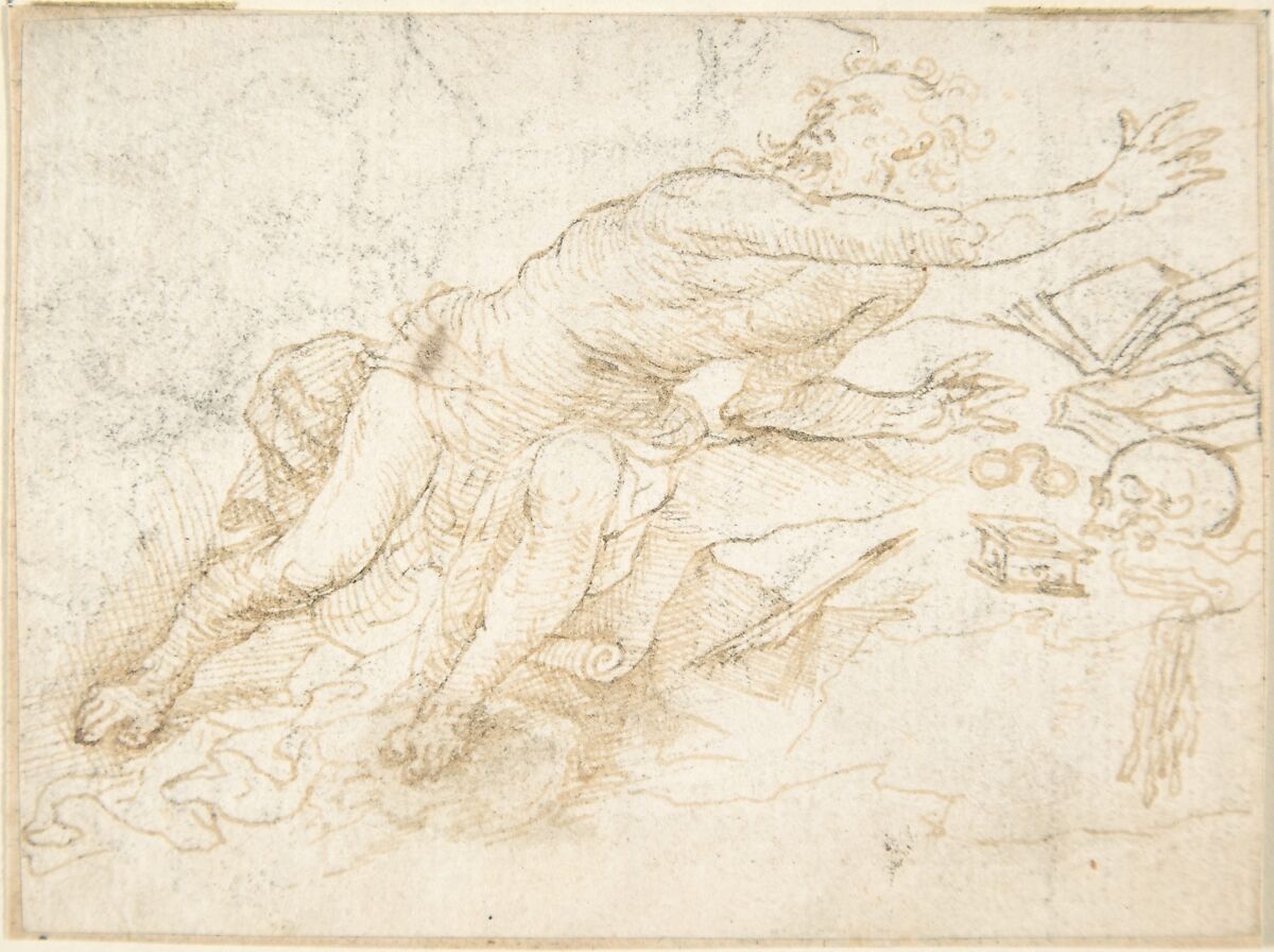 Awe-struck Saint Jerome, Anonymous, Spanish, School of Seville, 17th century, Pen and brown ink over black chalk underdrawing. On off-white paper 