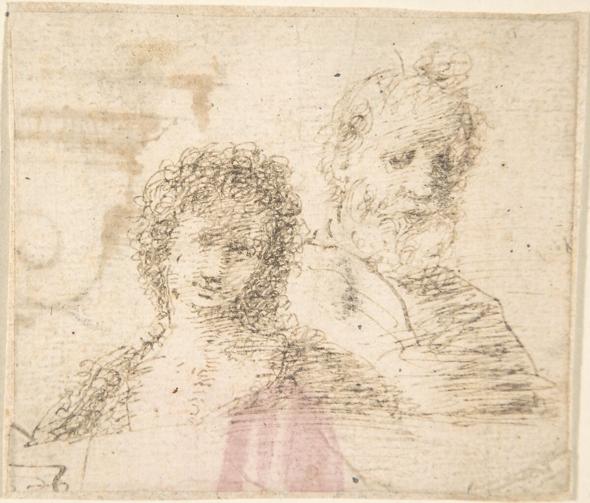 Busts of a Young Woman and an Old Bearded Man, Anonymous, Spanish, School of Seville, 17th century, Pen and dark brown ink. On off-white paper 