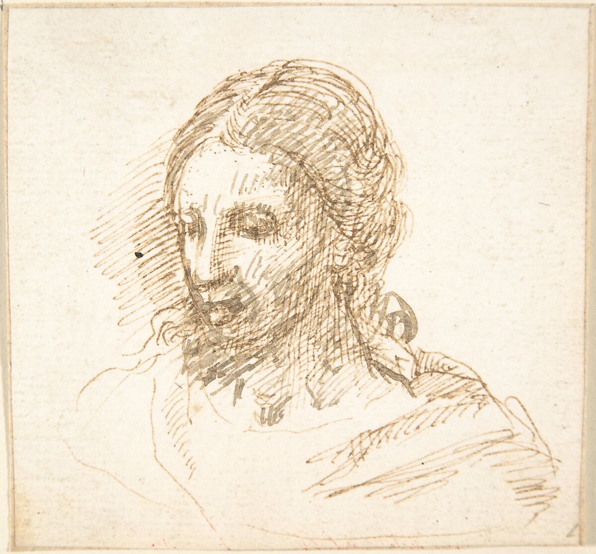 Head of Christ, Attributed to Pedro  Duque Cornejo (Spanish, 1677–1757), Pen and dark brown ink. Some contours reinforced with pen and darker brown ink. On off-white paper 