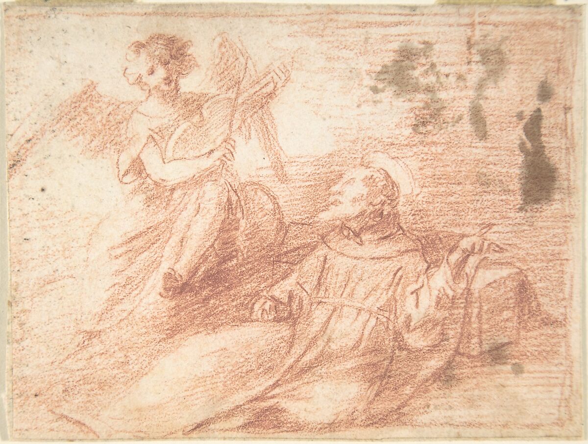 Saint Francis and an Angel with a Viola da Braccio (The Ecstasy of Saint Francis), Anonymous, Spanish, School of Seville, 17th century, Red chalk; composition outlined on three sides with the same. On off-white paper 