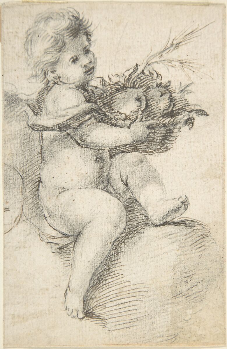Seated Putto Holding a Basket of Fruit, Anonymous, Spanish, School of Seville, 17th century, Black chalk reinforced in some places with pen and dark brown ink. On off-white paper 