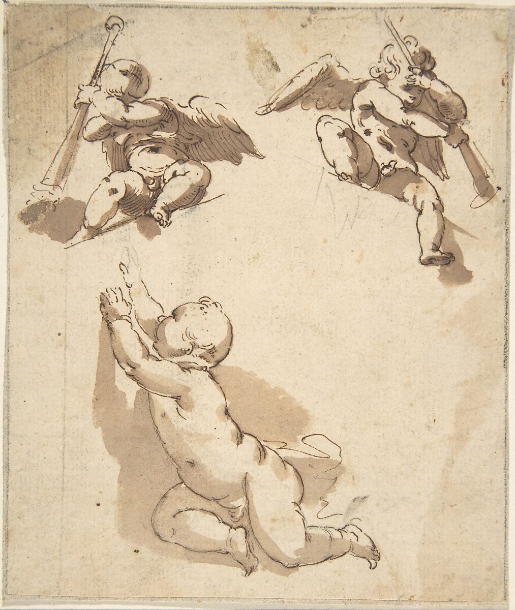 Study of a Child and Two Angels Holding Trumpets, Anonymous, Spanish, School of Seville, 17th century, Pen and dark brown ink with brush and brown wash over black chalk underdrawing. Composition outlined with black chalk. On light beige paper 