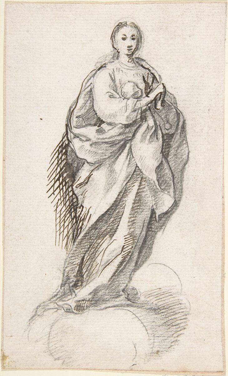 Virgin of the Immaculate Conception Standing on Clouds, Attributed to Pedro  Duque Cornejo (Spanish, 1677–1757), Black chalk reinforced in places with pen and dark brown ink. On off-white paper 