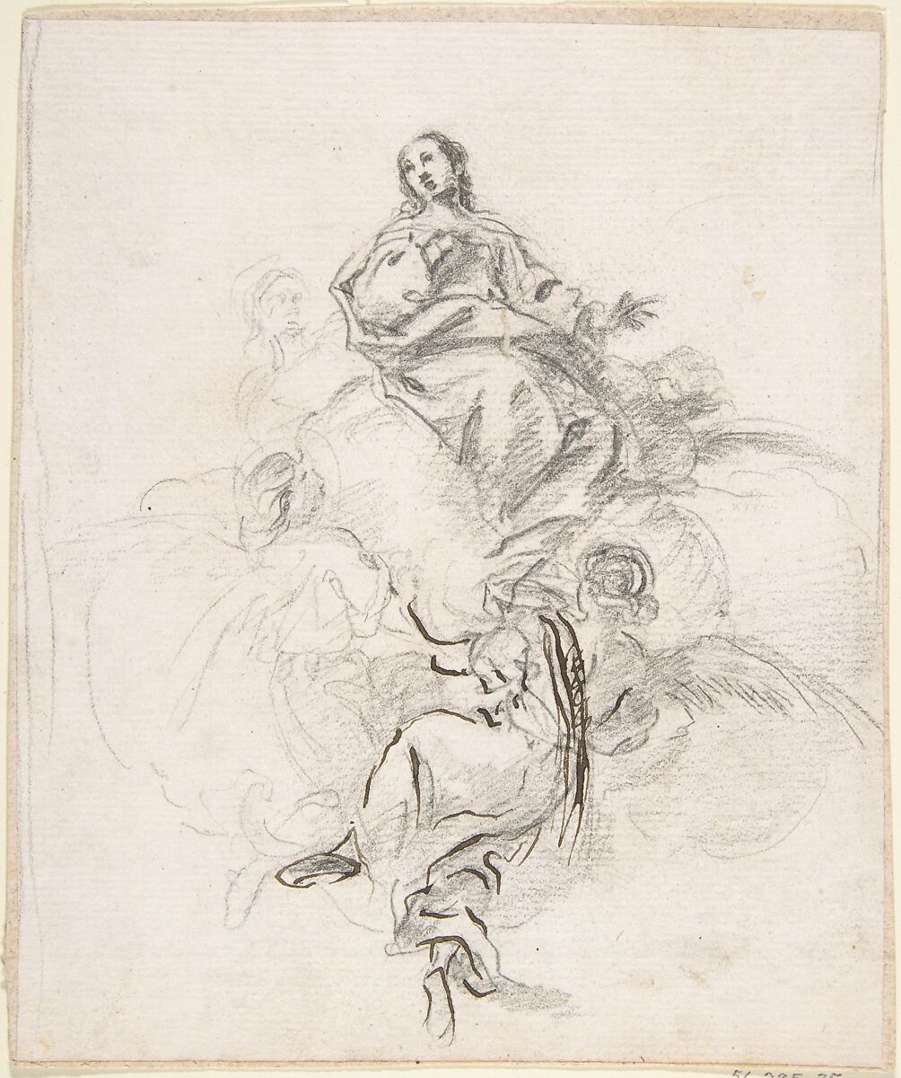Virgin of the Immaculate Conception Seated on Clouds, Supported by Four Angels, Attributed to Pedro  Duque Cornejo (Spanish, 1677–1757), Black chalk. Lower angel reinforced with pen and dark brown ink. Traces of outline in black chalk along left and right borders of the composition. On off-white paper 