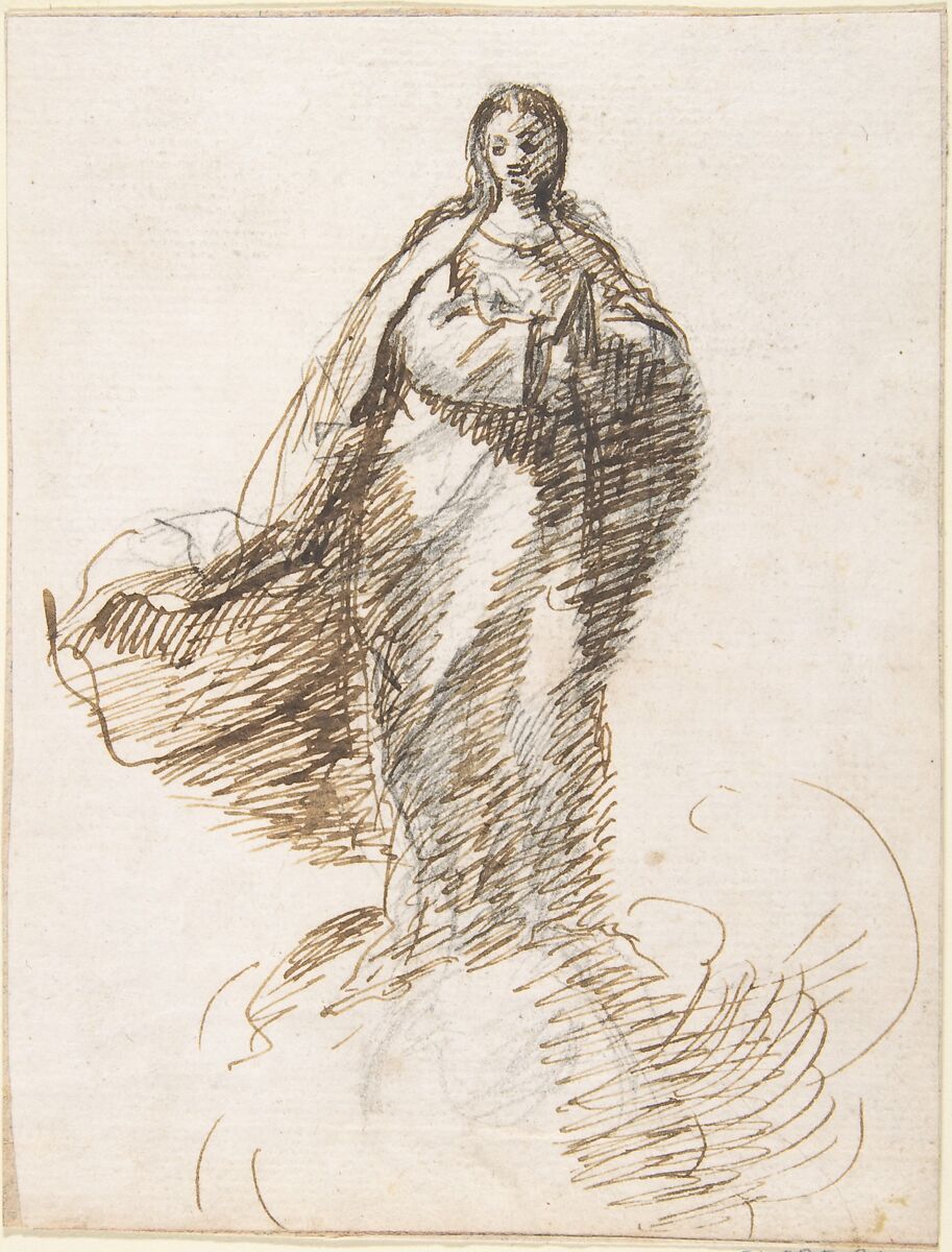 Virgin of the Immaculate Conception Standing on Clouds, Attributed to Pedro  Duque Cornejo (Spanish, 1677–1757), Pen and dark brown ink, over black chalk underdrawing. On off-white paper 