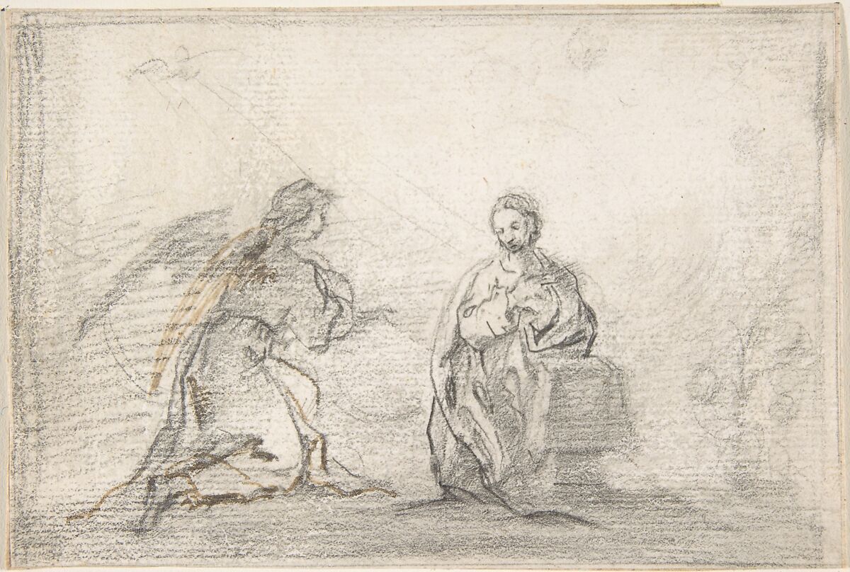 The Annunciation (Angel Approaching from Left), Attributed Pedro  Duque Cornejo (Spanish, 1677–1757), Black chalk, figure of angel reinforced with pen and light brown ink. Composition outlined in black chalk. On off-white paper 