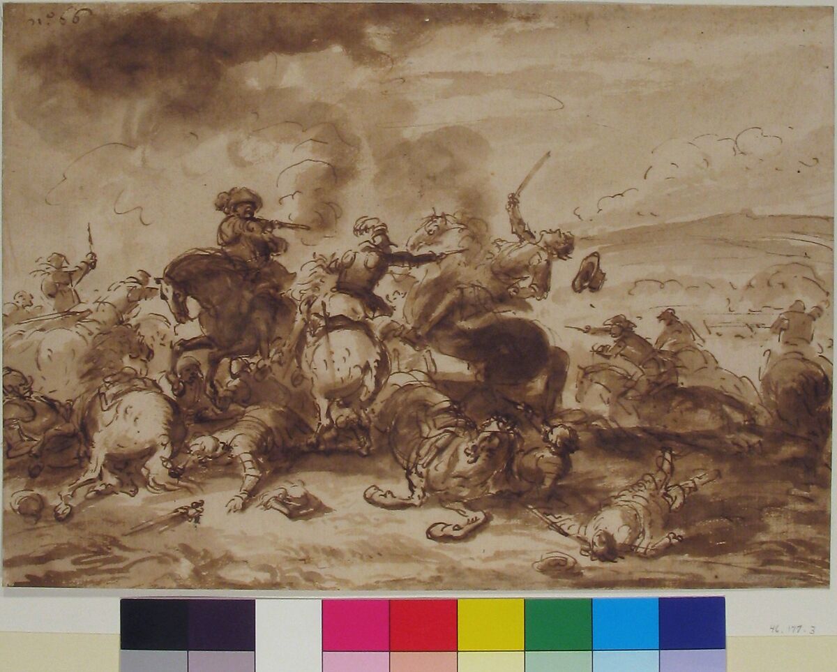 Combat of Cavalry, After Jacques Courtois (French, Saint-Hippolyte 1621–1676 Rome) ("Le Bourguignon"), Pen and bistre washed on paper