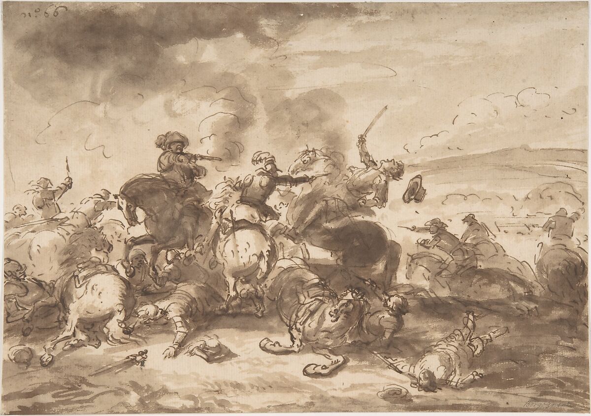 Combat of Cavalry, After Jacques Courtois (French, Saint-Hippolyte 1621–1676 Rome) ("Le Bourguignon"), Pen and bistre washed on paper 