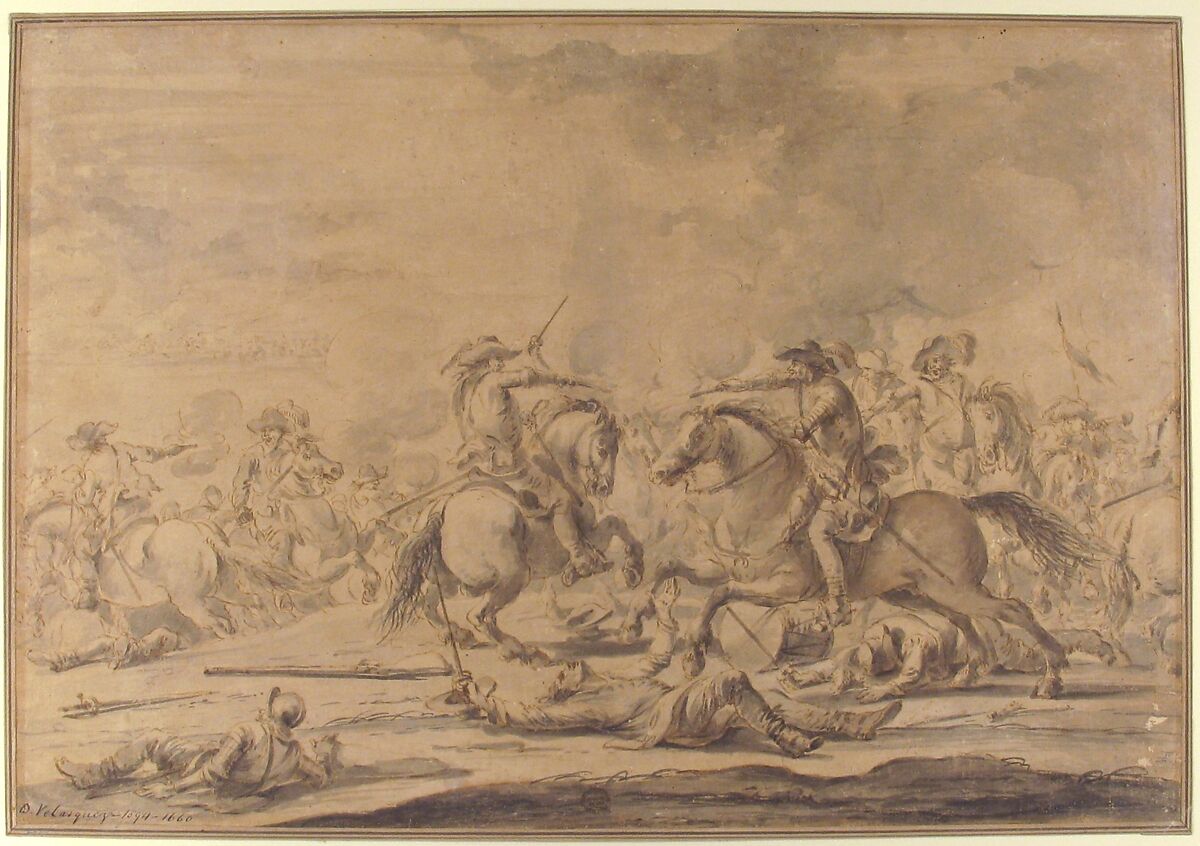 Cavalry Battle, After Jacques Courtois (French, Saint-Hippolyte 1621–1676 Rome), Pen and bistre, washed with bistre and ink
