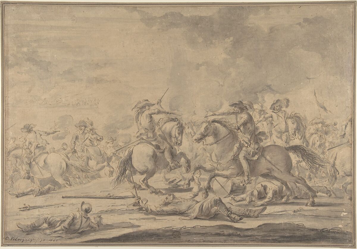 Cavalry Battle, After Jacques Courtois (French, Saint-Hippolyte 1621–1676 Rome), Pen and bistre, washed with bistre and ink 