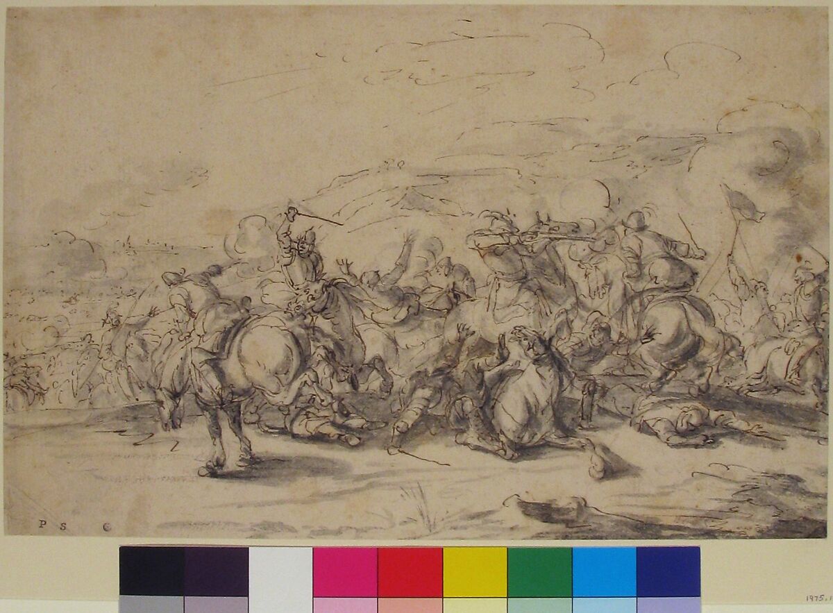 Battle Scene:  a Cavalry Engagement, Jacques Courtois (French, Saint-Hippolyte 1621–1676 Rome), Pen and brown ink, brush and gray wash over faint traces of black chalk