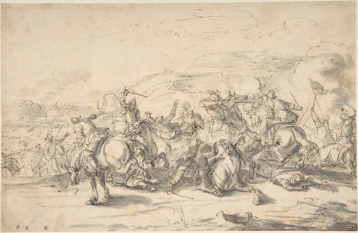 Battle Scene:  a Cavalry Engagement, Jacques Courtois (French, Saint-Hippolyte 1621–1676 Rome), Pen and brown ink, brush and gray wash over faint traces of black chalk 