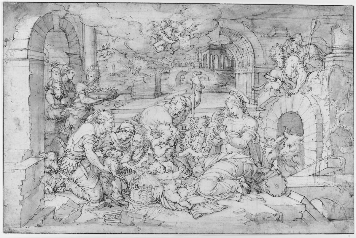 The Adoration of the Shepherds, Jean Cousin the Younger (French, Sens ca. 1522–1594 Paris), Pen and brown ink, brush and brown wash, heightened with white gouache, over black chalk