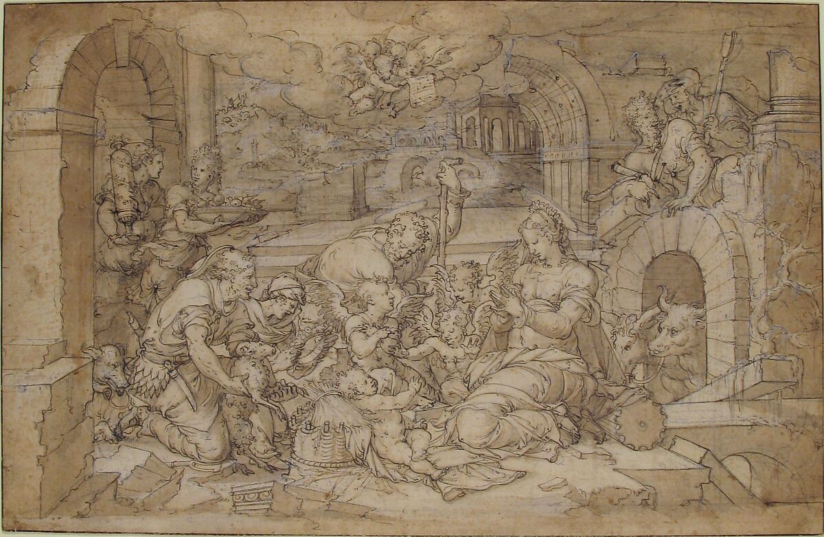 The Adoration of the Shepherds, Jean Cousin the Younger (French, Sens ca. 1522–1594 Paris), Pen and brown ink, brush and brown wash, heightened with white gouache, over black chalk