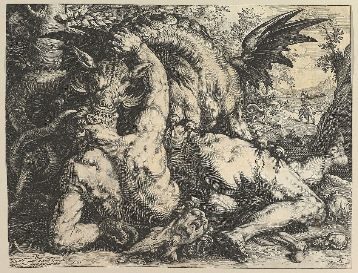 The Dragon Devouring the Companions of Cadmus, Hendrick Goltzius (Netherlandish, Mühlbracht 1558–1617 Haarlem), Engraving 