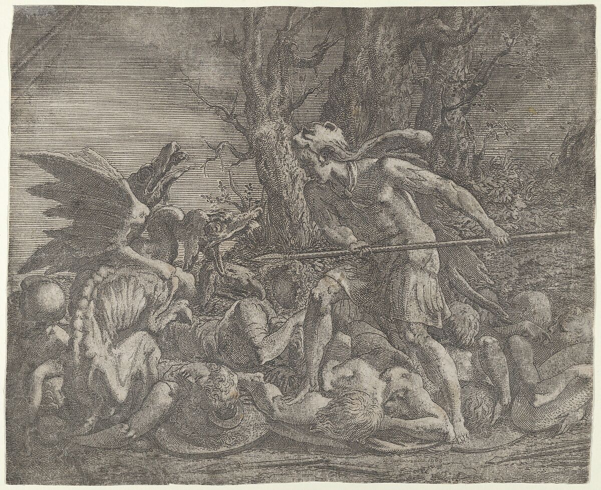 Cadmus killing the Dragon, Léon Davent (French, active 1540–56), Etching