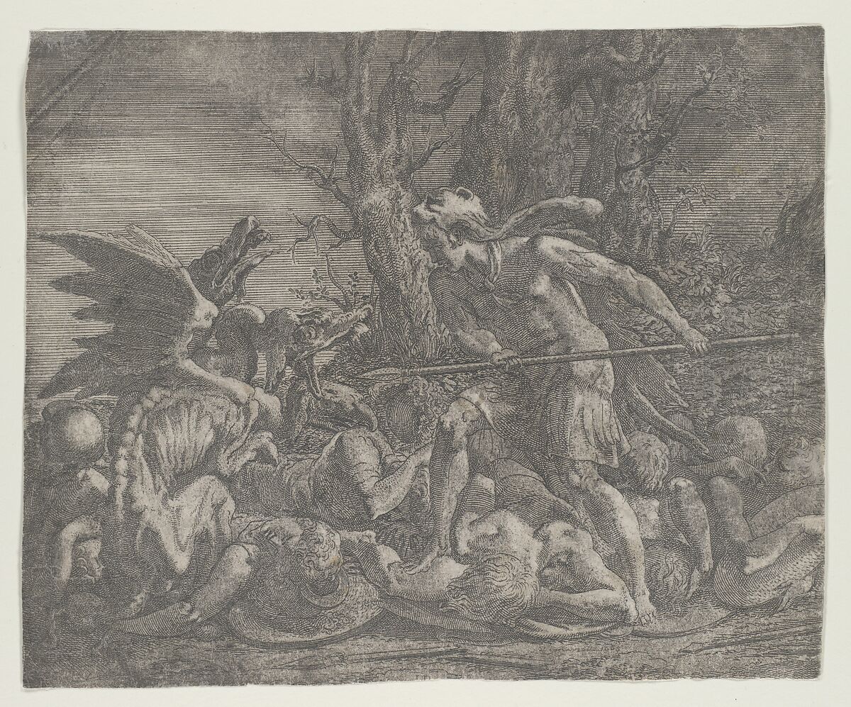 Cadmus killing the Dragon, Léon Davent (French, active 1540–56), Etching