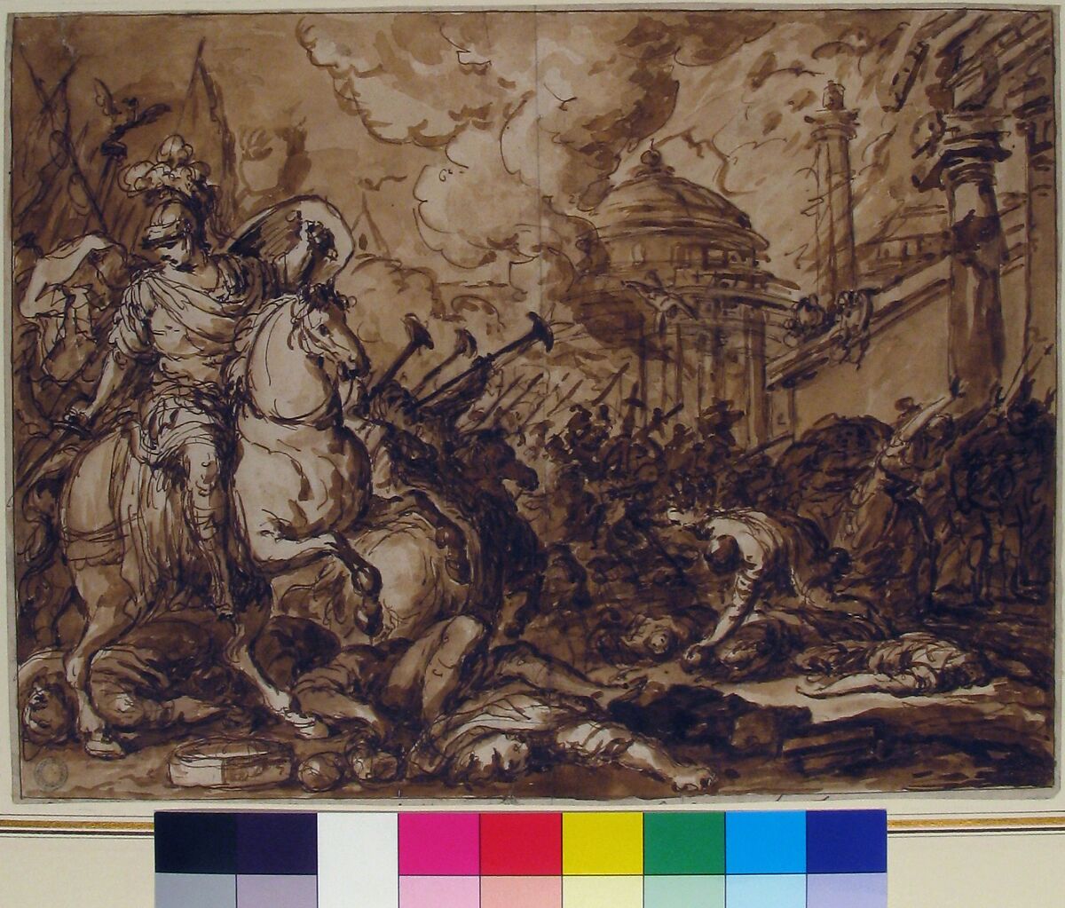 Ulysses Entering Troy, Antoine François Callet (French, Paris 1741–1823 Paris), Pen and brown ink, brush and brown wash (recto); faint black chalk sketch of same subject (verso)