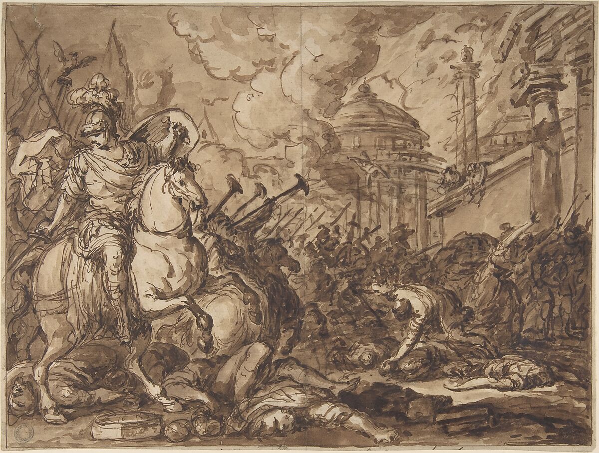 Ulysses Entering Troy, Antoine François Callet (French, Paris 1741–1823 Paris), Recto: Pen and brown ink, brush and brown wash; Verso: faint black chalk sketch of same subject 