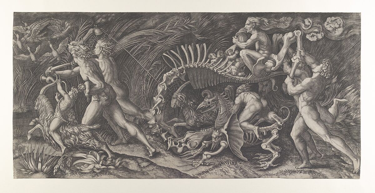 Lo Stregozzo: a female witch riding on an animal skeleton, preceded by two men and a boy on a goat blowing on a horn, another naked man behind carrying two bones, Agostino Veneziano (Agostino dei Musi) (Italian, Venice ca. 1490–after 1536 Rome), Engraving, first state before the engraver's initials on the horn 