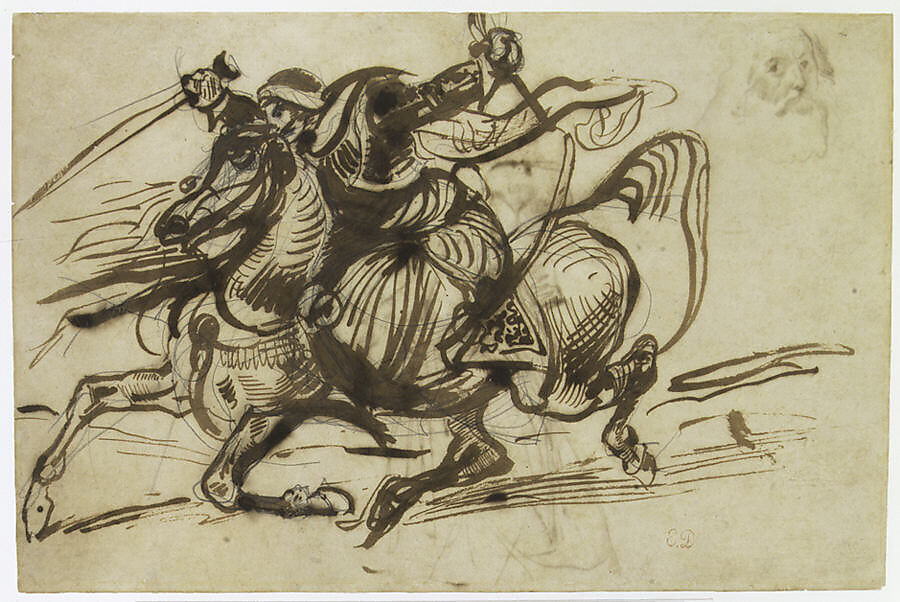 The Giaour on Horseback (recto); Study of a Woman with Head and Arms Thrown Back, and Study of the Head of an Old Man (verso), Eugène Delacroix (French, Charenton-Saint-Maurice 1798–1863 Paris), Pen and iron gall ink, brush and brown wash, over graphite