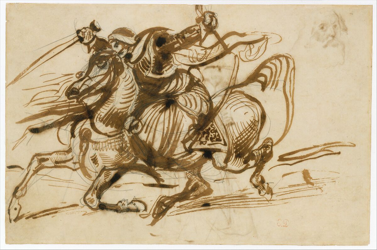The Giaour on Horseback (recto); Study of a Woman with Head and Arms Thrown Back, and Study of the Head of an Old Man (verso)., Eugène Delacroix (French, Charenton-Saint-Maurice 1798–1863 Paris), Pen and iron gall ink with wash over graphite 