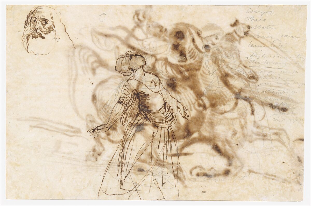 The Giaour on Horseback (recto); Study of a Woman with Head and Arms Thrown Back, and Study of the Head of an Old Man (verso), Eugène Delacroix (French, Charenton-Saint-Maurice 1798–1863 Paris), Pen and iron gall ink, brush and brown wash, over graphite