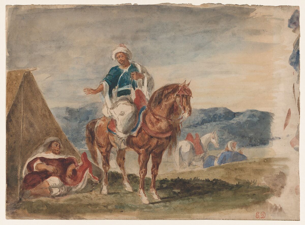 Three Arab Horsemen at an Encampment, Eugène Delacroix (French, Charenton-Saint-Maurice 1798–1863 Paris), Watercolor over graphite 