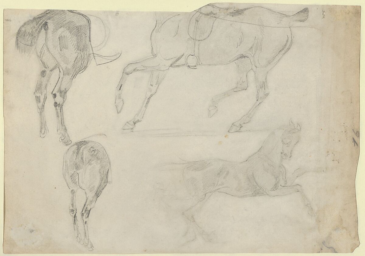 A Tomb and Studies of Windows in the Church of Valmont Abbey (recto); Four Studies of Horses (verso), Eugène Delacroix (French, Charenton-Saint-Maurice 1798–1863 Paris), Brush, black and brown ink, and wash over graphite (recto); graphite (verso) on wove paper