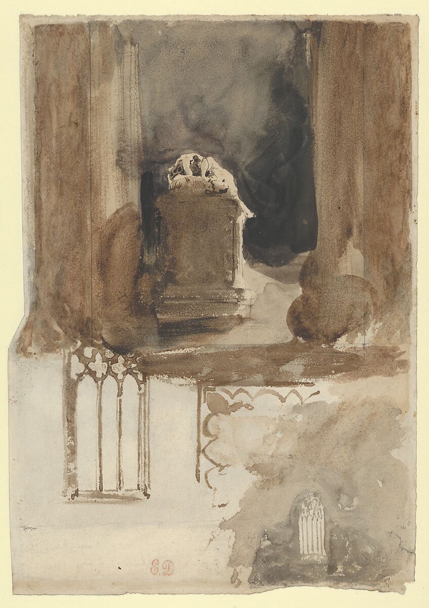 A Tomb and Studies of Windows in the Church of Valmont Abbey (recto); Four Studies of Horses (verso), Eugène Delacroix (French, Charenton-Saint-Maurice 1798–1863 Paris), Brush, black and brown ink, and wash over graphite (recto); graphite (verso) on wove paper 