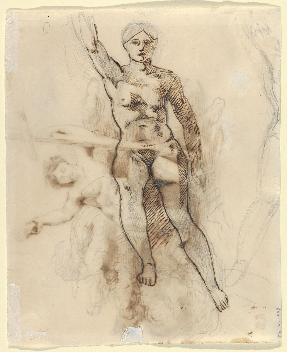 The Figure of Religion (recto/verso), Eugène Delacroix (French, Charenton-Saint-Maurice 1798–1863 Paris), Pen and brush with iron gall ink (recto); pen and iron gall ink over graphite (verso)