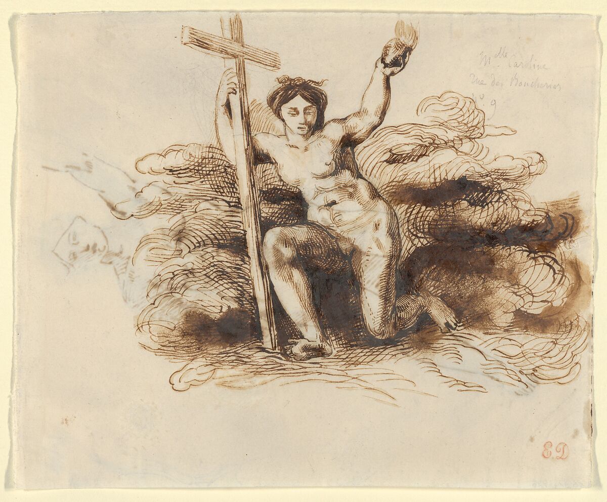 The Figure of Religion (recto/verso), Eugène Delacroix (French, Charenton-Saint-Maurice 1798–1863 Paris), Pen and brush with iron gall ink (recto); pen and iron gall ink over graphite (verso) 