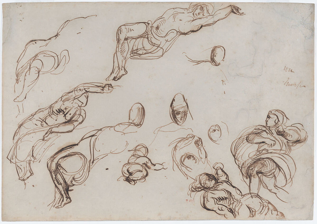 Figure Studies for the Salon du Roi, Palais Bourbon, Paris, Eugène Delacroix (French, Charenton-Saint-Maurice 1798–1863 Paris), Pen and iron gall ink over graphite