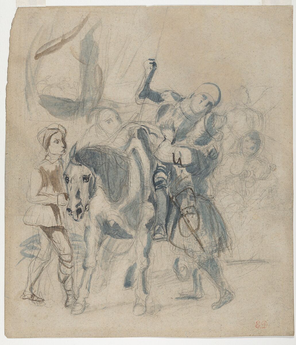 The Wounded Goetz von Berlichingen Takes Refuge in a Gypsy Camp, Eugène Delacroix (French, Charenton-Saint-Maurice 1798–1863 Paris), Brush and blue and brown wash over graphite 
