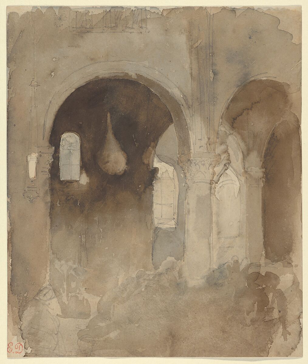 Interior of the Church of Valmont Abbey, Eugène Delacroix (French, Charenton-Saint-Maurice 1798–1863 Paris), Brown and gray wash over graphite 
