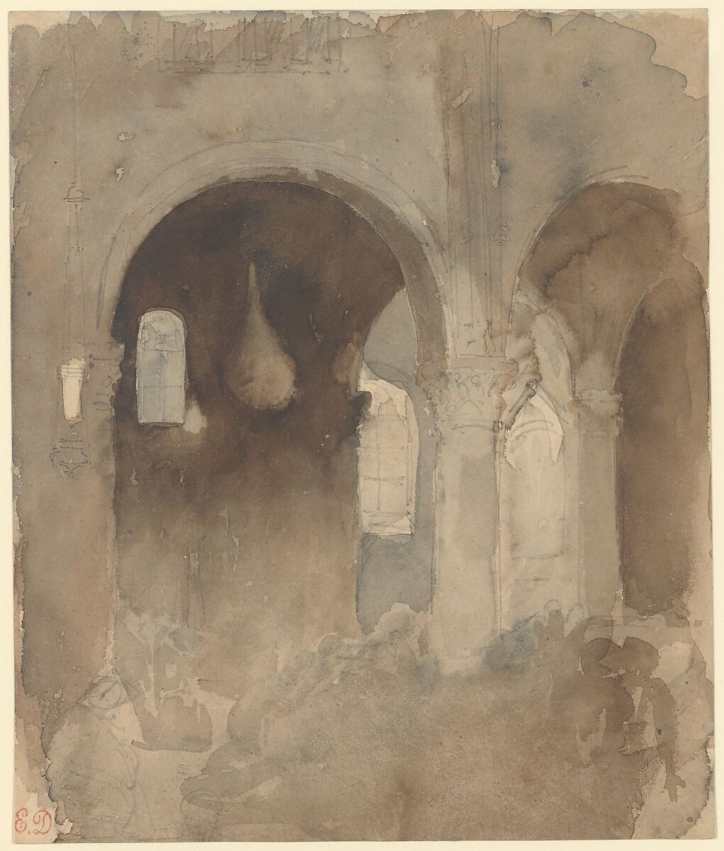 Interior of the Church of Valmont Abbey, Eugène Delacroix (French, Charenton-Saint-Maurice 1798–1863 Paris), Brown and gray wash over graphite