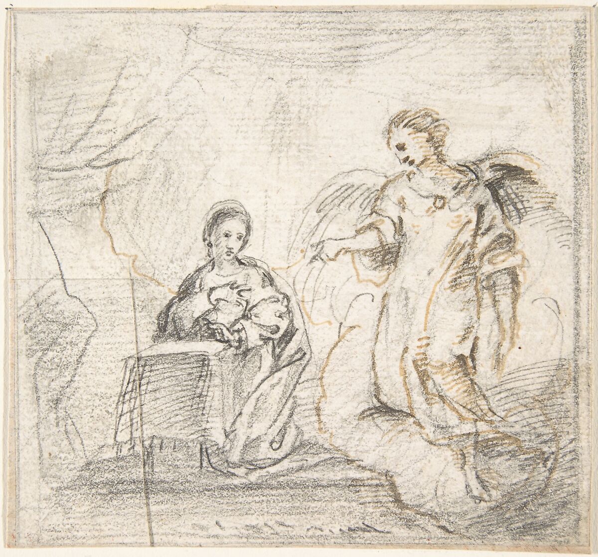 The Annunciation (Angel Approaching From the Right), Attributed to Pedro  Duque Cornejo (Spanish, 1677–1757), Black chalk reinforced with traces of pen and light brown ink. Drawing continues over palimpsest in lower left corner. On off-white paper 