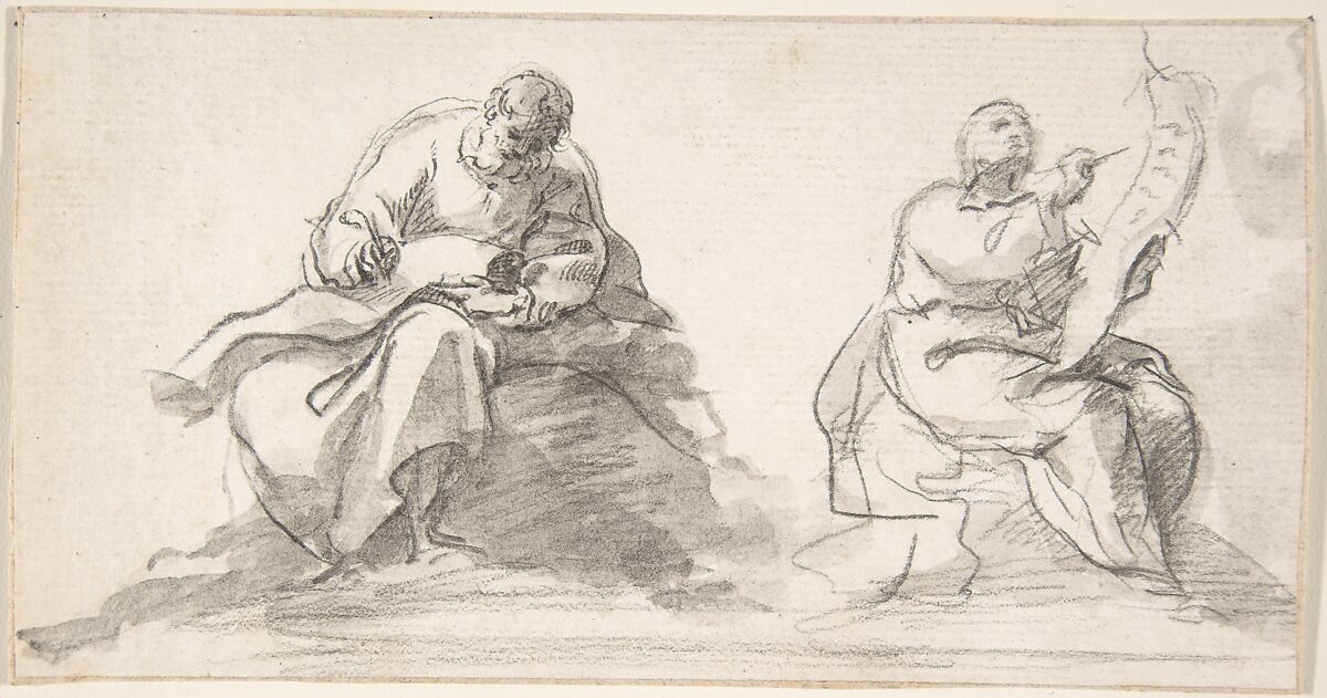 Two Figures of Evangelists Writing, Attributed to Pedro  Duque Cornejo (Spanish, 1677–1757), Pen and black ink, brush and gray wash, over black chalk underdrawing on ivory paper 
