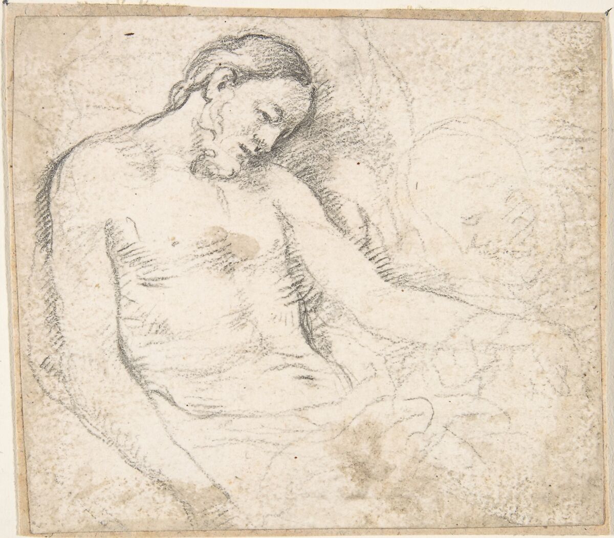 Figure of the Dead Christ with Mourning Angel (The Lamentation), Attributed to Pedro  Duque Cornejo (Spanish, 1677–1757), Black chalk. On off-white paper 