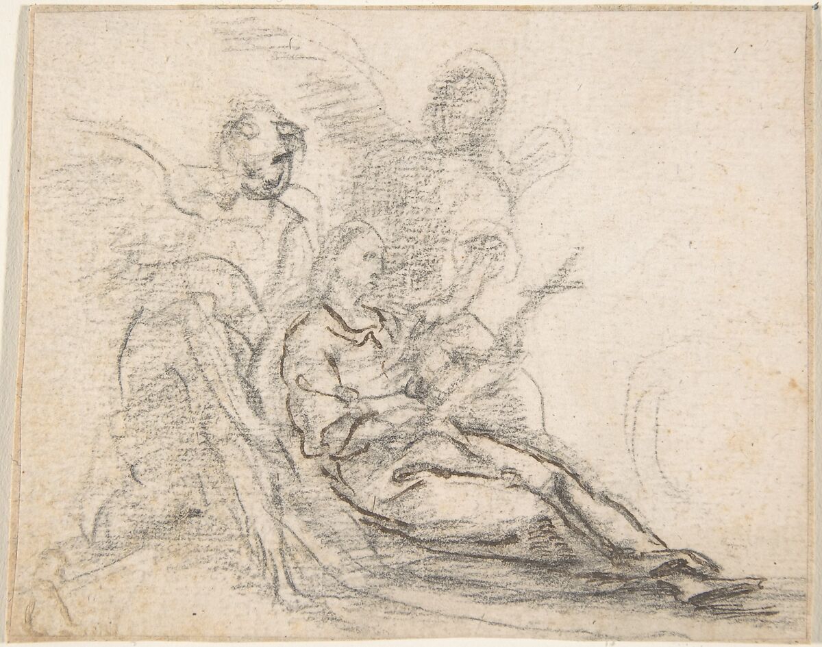 Reclining Figure of Saint Holding Cross, Supported by Two Angels (Death of the Magdalene?), Attributed to Pedro  Duque Cornejo (Spanish, 1677–1757), Black chalk, reclining figure reinforced with pen and dark brown ink. On light beige paper 